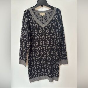 Pink Rose Women's Vneck Long Sleeve Sweater Dress, Black Gray, Size Large